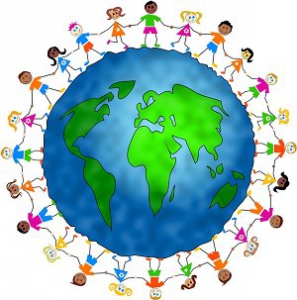 Royalty-free people clipart picture of diverse children holding hands and standing around the globe, on a white background.